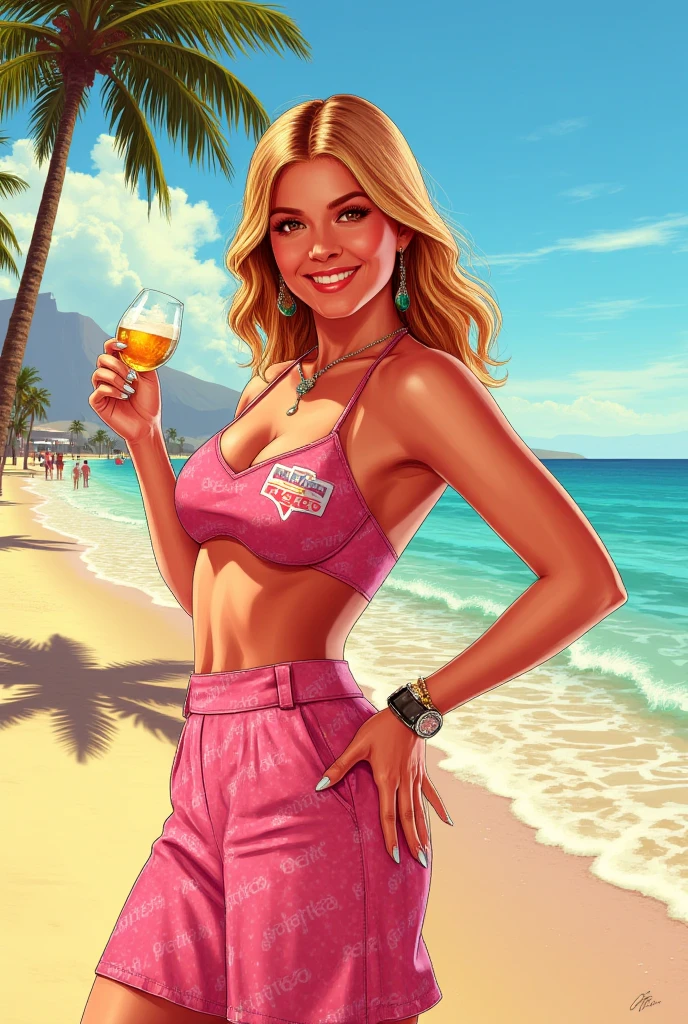 (best quality:1.3), (4K quality),masterpiece, best quality, high res, detailed, (Detailed face:1.2), (Detailed eyes:1.2), (Hourglass figure:1.2), CARTOON, ANIME, CARTOON ARTSTYLE, 1girl, solo, 36-years-old, tan olive skin, short blonde hair, pony tail style, emerald eyes, eyeshadow, mascara, red lipstick, puckered lips, ((Wearing a flossing green bikini and sunglasses)), walking, ((holding a beer can in one hand)), beautiful beaches, palm trees, beach resort, beach vacation, summer getaway, relaxed atmosphere, cinematic lighting, sunset, detailed background,