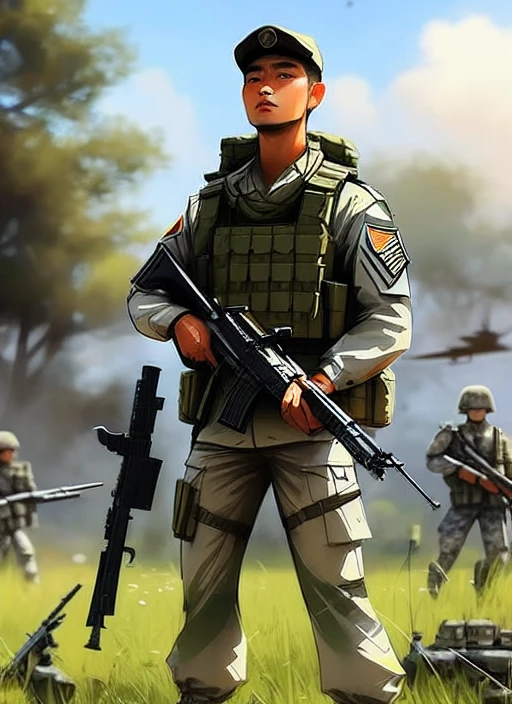 samdoesarts;  an image of woman with short blonde hair, with military gear, cargo pants, (intricate), (detailed), digital art,  dynamic pose, in a battlefield  by Jeremy Mann, matth�us merian the elder, Pino Daeni, robert rauschenber, by beksinski