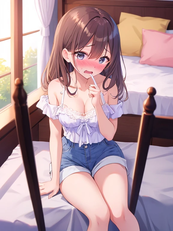 Chewing cucumbers in your mouth、red blush、girl with、kawaii、White lace underwear、Eyes closed 、white lace bra、valley --auto