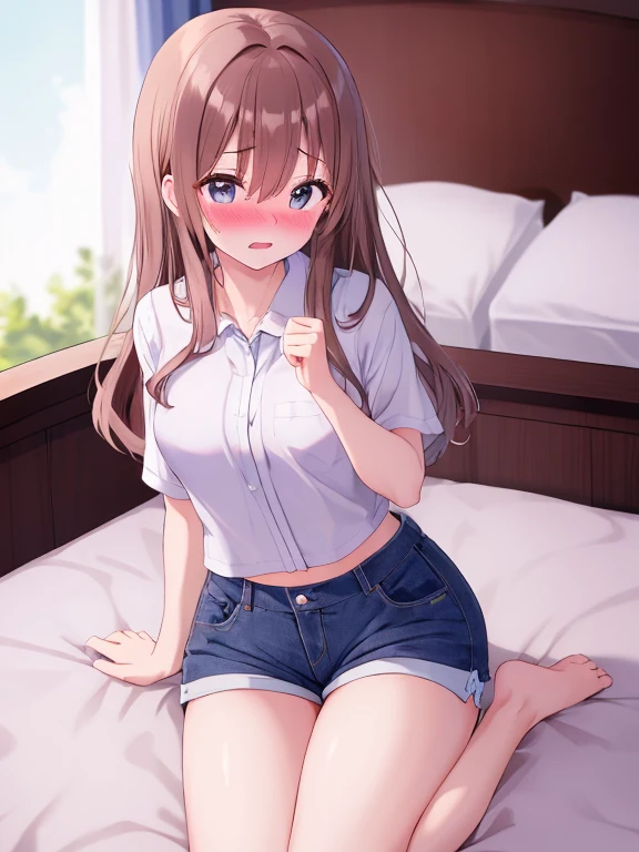 (Masterpiece, highest quality, high resolution, realistic photos, realistic looking skin:1.1),
(The woman shows us her panties as she stands and sits on her bedroom bed in her apartment: 1.8), 
(She looks happy and smiling: 1.5),
(She is wearing a gray blazer and a plain white T-shirt as innerwear underneath it:1.8),
(She is wearing a gray tight mini-skirt with a slit: 1.8),
(She has bare legs:1.8),
(Her panties are white with a pattern: 1.5),
(She has medium brown hair: 1.5),
(She is 25 years old: 1.5),
(She is the most beautiful girl in the company, so she is quite beautiful:1.5), 
(She has D-cup breasts: 1.5),
(She has beautiful legs: 1.5),
(The place is a bed in the bedroom of the apartment: 1.5),
1 Japanese girl, solo, full bodied esbian, beautiful eyes, shining eyes, shining thighs, NSFW