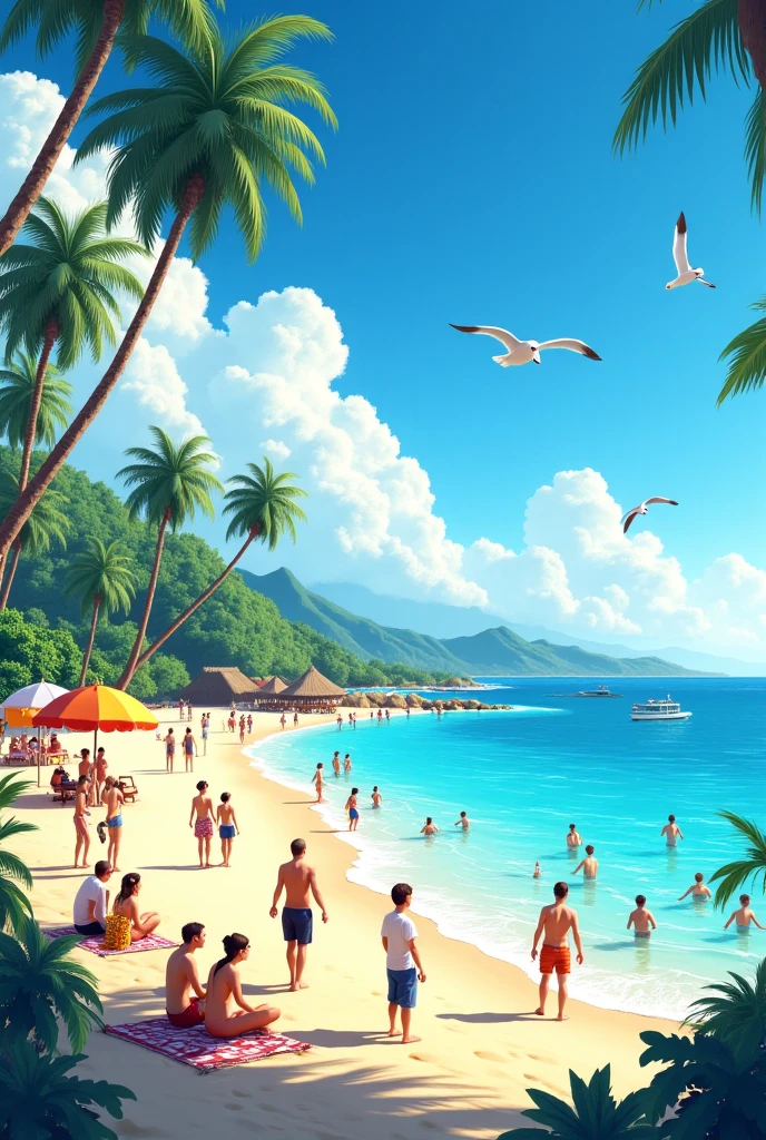 Front beach, outdoor, soft lighting, people on the beach, realistic, intricate details, warm colors