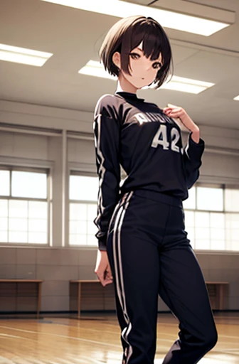 A woman wearing a black sweatshirt with blue details, black sports pants, sports sneakers, wearing a black cold cap, weak blue hair, short hair, blue eyes, smiling, big breasts, walking on a sports court, athletics floor, postured in a foot, winter background, background building, daytime location, (solo woman)
