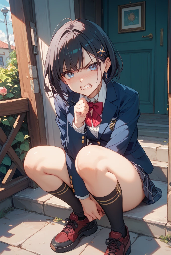 ((((1girl)))), ((dark blue inverted bob haircut, dark blue inverted bob hairstyle, over dark blue eyes, eyes have hypnotic swirls)), (((extremely busty, extremely wide hips, extremely big ass))), slightly tan skin, (wearing Japanese white high school with white skirt and blue tie, wearing dark blue stockings, wearing brown loafers, wearing white panties), squatting looking down at viewers, pov viewer pone ground view, evening sky, slightly cloudy, sunset sky, slightly cloudy, squatting a few feet from viewer, disgusting face, mouth pouting, pov is slightly titled, standing on top of flight of stairs, park background, ((hands resting on knees, school brown satchel hanging on right shoulder)), viewer holding phone up facing subject,