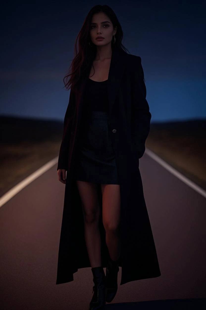 (masterpiece:1.5), (a hyper-realistic image:1.5), (a high-quality photograph:1.5), sharp view, (16K:1.5), (high resolution:1.5), (Full HD:1.5), ( ultra detailed image:1.5), sharp image, (full view of woman from head to toe:1.5), (sexy pose:1.5), (hyper realistic skin texture:1.5), a blonde haired brunette woman standing on middle of a dirt road, (black minidress: 1.5), many trees on the sides of the road, (night with many stars, gigantic full moon: 1.5), fresh, pleasant,