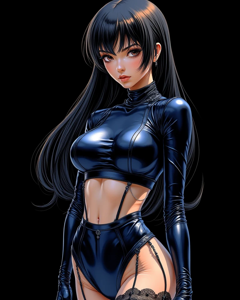 Manga comic sensual Straight long brunette girl blue eyes, Sexy white v-neck Blouse, black mini short In a sensual pose Small waist, big hips, Toned and defined body (bigboob) (Black & White) (highly detailed) (concept art) (manga) (anime) (draw) (face anime detailed) (comics)