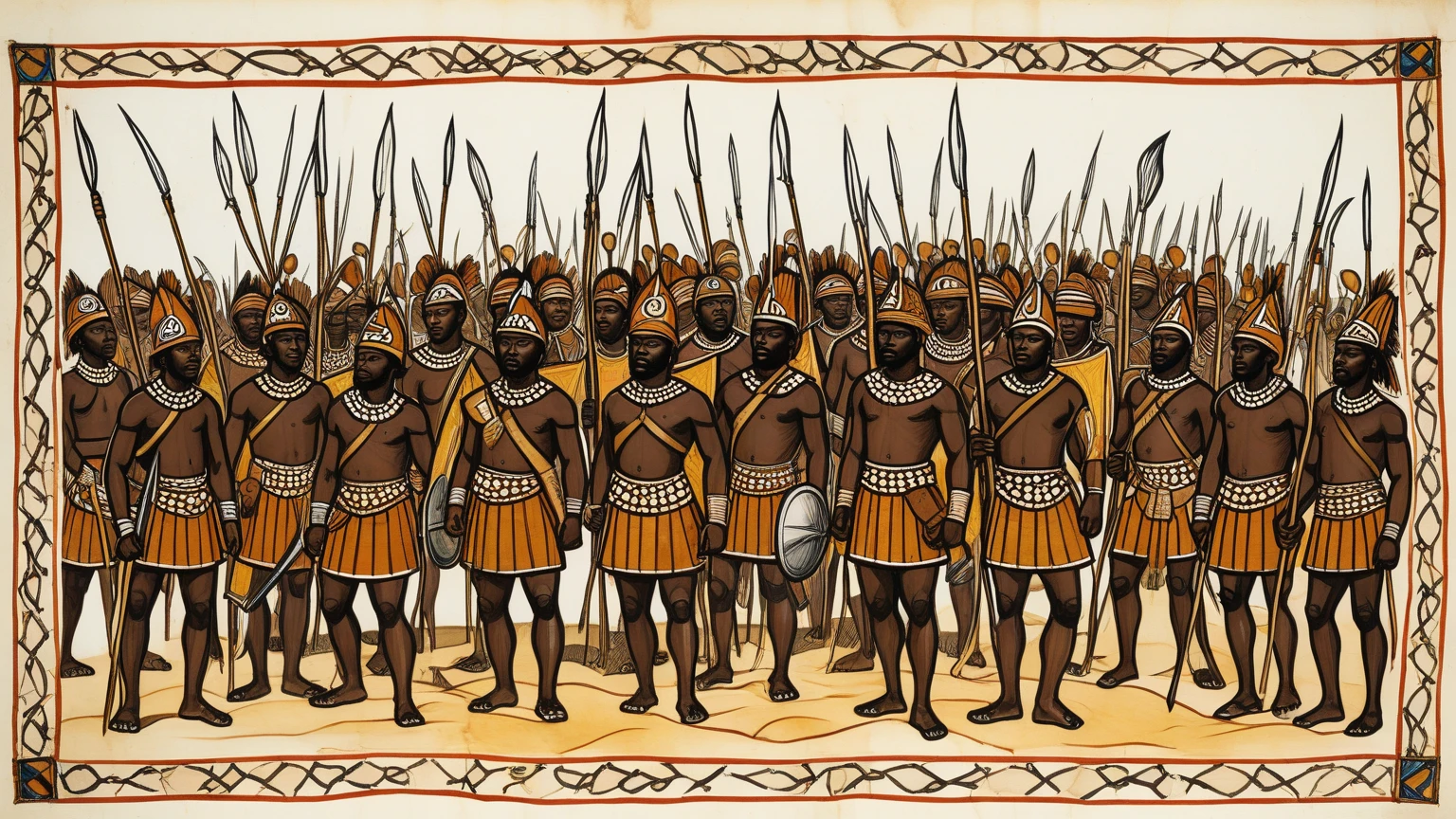 Iconic image of Shaka the zulu holding his spear and isihlangu shield, moon at his back
