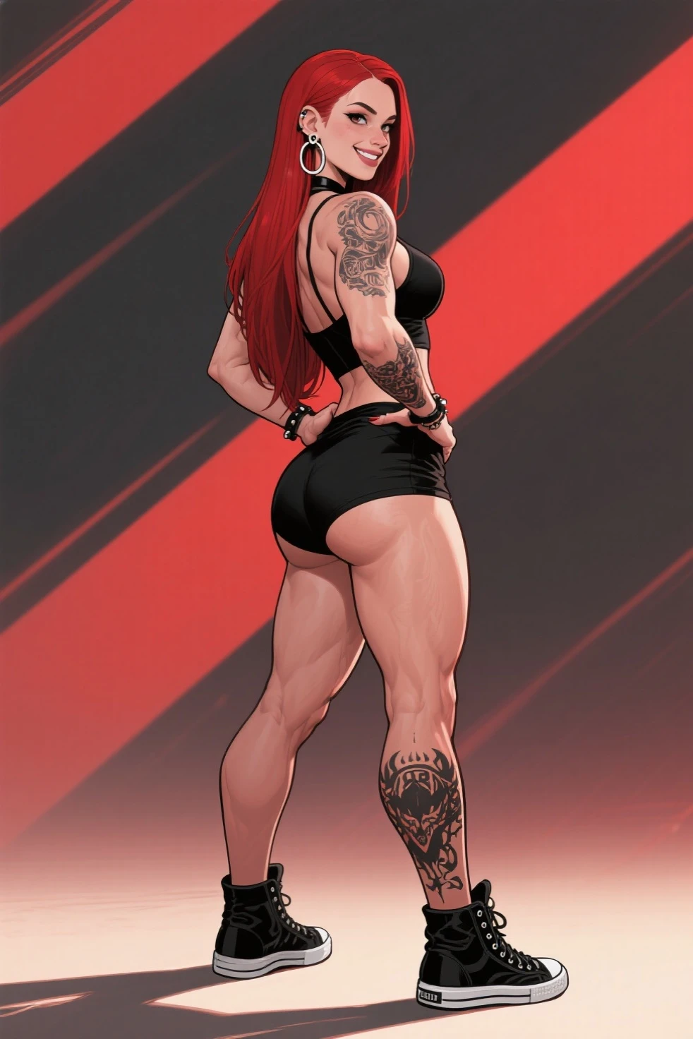 Uma mulher  Moreno, uma mulher bissexual, seios, e mulher sexy,  obra-prima, melhor qualidade, corpo inteiro,, olhos azuis, acabaram, bunda perfeita, pernas perfeitas, Perfect leg clearance, Calcinha Aberta Renda Preta, boca aberta, Fishnets, cena do distrito da luz vermelha, sexy position, detalhes intrincados, tatuagens, Windows, Accessories, brincos, Fishnets cabelo afro caindo para a frente, Rasta type but braided,  com belos seios corpo perfeito com , a wide thigh is beautiful a woman, com seios lindos corpo perfeito, uma coxa larga, is beautiful a destination with ,vario expression sexual pose, Erotic(estilo de arte em quadrinhos), (Soap-Committee on ArtStation estilo de arte), whole body view, Tiro completo, Front view, Backview, design de personagens, folha de caracteres, , desgaste casual, academia sombria, pele escura, black tight compression shirt, camisa de basquete entregando em seu quadril, loose grey basketball shorts of medium thigh length, mulheres amadurecidas, dreads pretos curtos, Golden and silver hair and body accessories, Tattoos on the arm, katana vermelha em suas costas, olhos cinzentos claros e azuis, destaques fortes, Sharp contours, sharp shadows, 8k, alta qualidade, solid white background, (cell-shading).