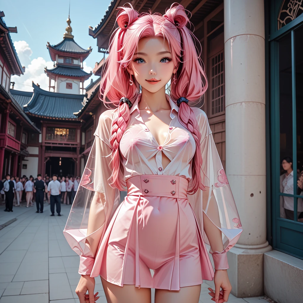 Perfect human body modeling, 1girl, small breasts, beautiful girl, cute girl and idol face, young face, smile, Beautiful long pink hair, twintails, Beautiful shining red eyes, white skin, Short body, Japanese Summer School Girl's Uniform, sleeveless, sunlight, under the sun,