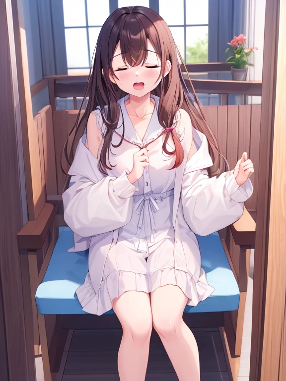 Hi-Res、masterpiece、Chizuru Ichinose、Brown hair、Soio、Female one、outside of house、细致背景、A detailed eye、((Brown-eyed)),Beautiful and perfect legs, Clean and perfect hands
