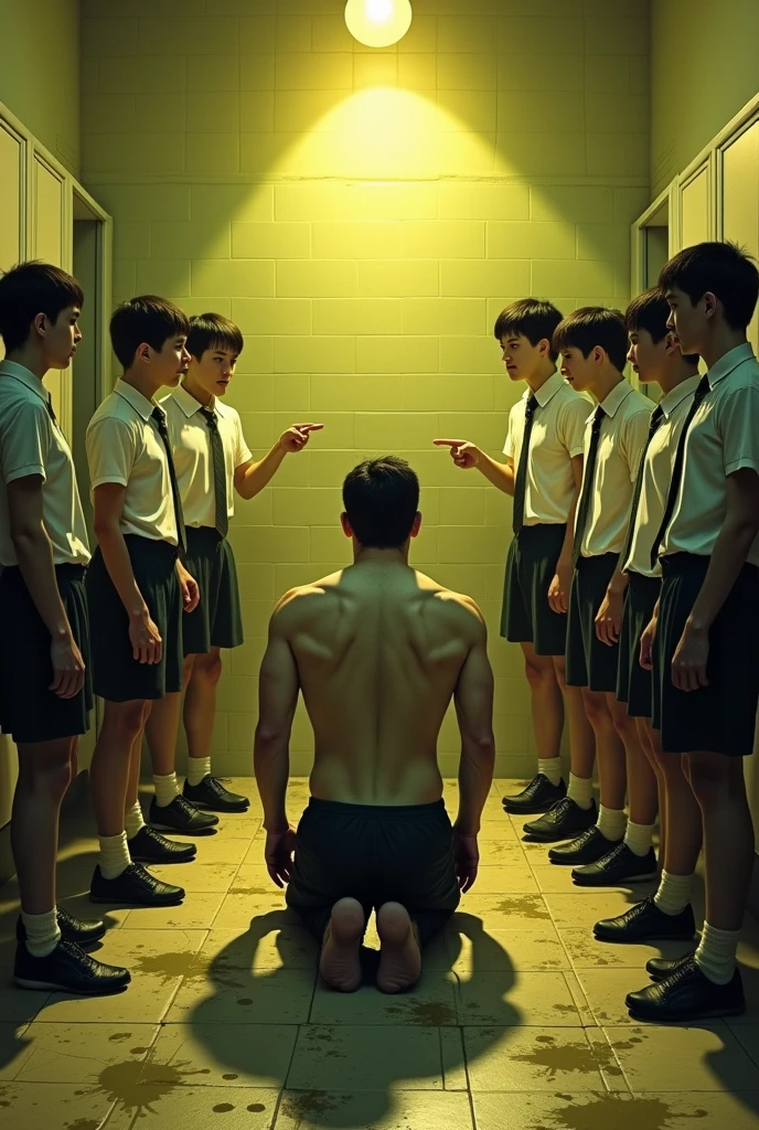 1boy、Handsome Men、Japanese male, 、Completely naked、Full nudity、erection、Huge penis、Slim body、Highest quality、Realistic、beautiful、Sad look、 ((((Completely tied up with rope)))), ((((A very tight rope is crisscrossed over the chest)))),(((Body bound with tight rope)))、whole body、surrounded by men in suits、night、Dim lighting、darkness、Blowjob