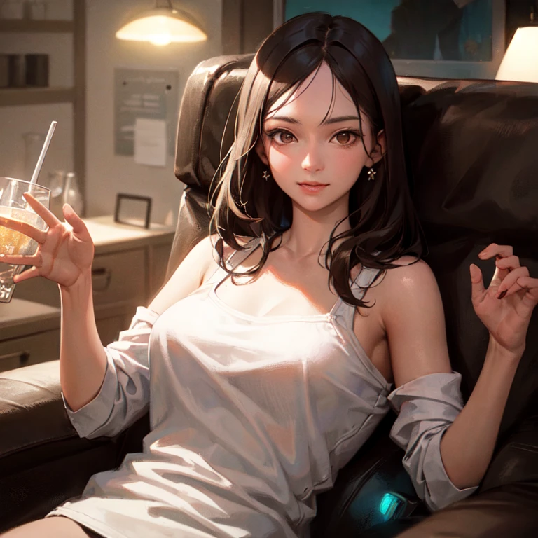 Create a high-quality, detailed image of a beautiful anime girl with long, flowing hair and intricate details. She is sitting in a gaming chair in her cozy gaming room, smiling and showing a peace sign with her hand. She wears a snug tank top that barely conceals her nipples and sexy panties, highlighting her stunning curves. The warm, inviting scene includes soft ambient lighting, comfortable seating, and plush bedding, with the room illuminated by a small, glowing lamp. The gaming room features posters, a high-end PC setup with RGB lighting, and various gaming accessories. The overall atmosphere is serene and intimate, with vibrant colors and natural lighting creating a photorealistic effect.