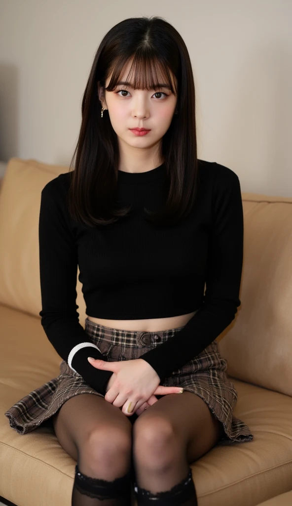 ((highest quality、8k、masterpiece:1.3)),((((fullbody shot)))),Ultra-high resolution,big eyes,Japanese,bangs,(a girl),(1 girl),((20 years old)),((facing at viewer)),(long hair),(((black sweater))),grin,((squatting)),(pleated mini skirt),(((pussy))),((pubic hair)),((skirt lift)),(((short crew socks)))