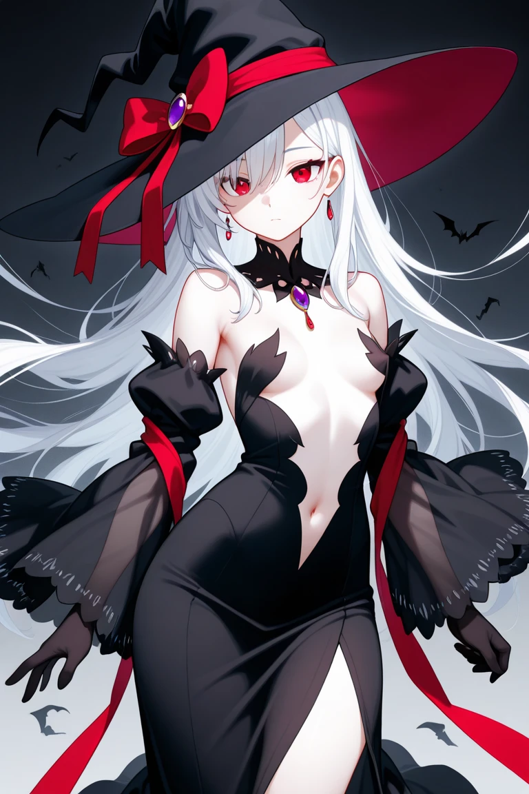 handsome woman,red-eyes,red pupils,Long white hair, grey skin, looks ill, Hyperresolution,accuracy,Detailed rendering,(Subtle facial image)(Image of fine hair)(topquality)(Masterpieces of masters)(High degree of completeness)(A sense of atmosphere)tmasterpiece,Super detailed and super detailed(half-body portrait), large witch hat, ankle length white straight hair, fierce look in her eyes,