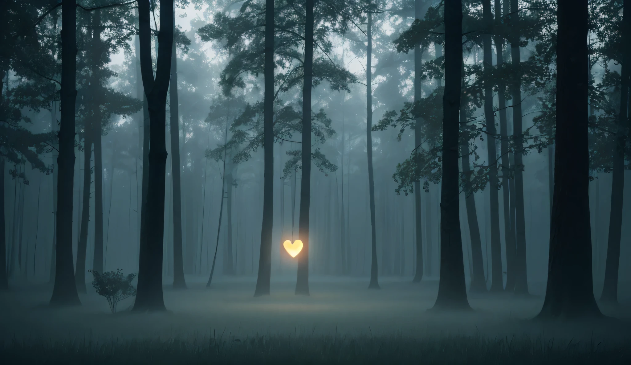 A mechanical or cybernetic human heart is in floating in the center, glowing light behind the heart , emitting soft radiant light, floating in the air. Behind it, a dark misty forest barely visible in the shadows. The heart 's glow subtly lights up parts of the trees and mist. Moody, atmospheric lighting, cinematic composition, surreal and emotional tone, soft fog effects, highly detailed cyberpunk heart, futuristic metallic textures, dark ambient color grading.