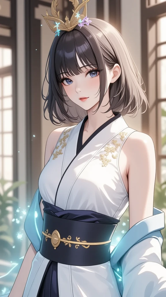 (in 8K、top-quality、masterpiece:1.2)、1人の女性、(Smiling smile:1.1)、beautidful eyes、Valley、The upper part of the body、shorth hair、Like a boy、Colossal tits、Silver View、