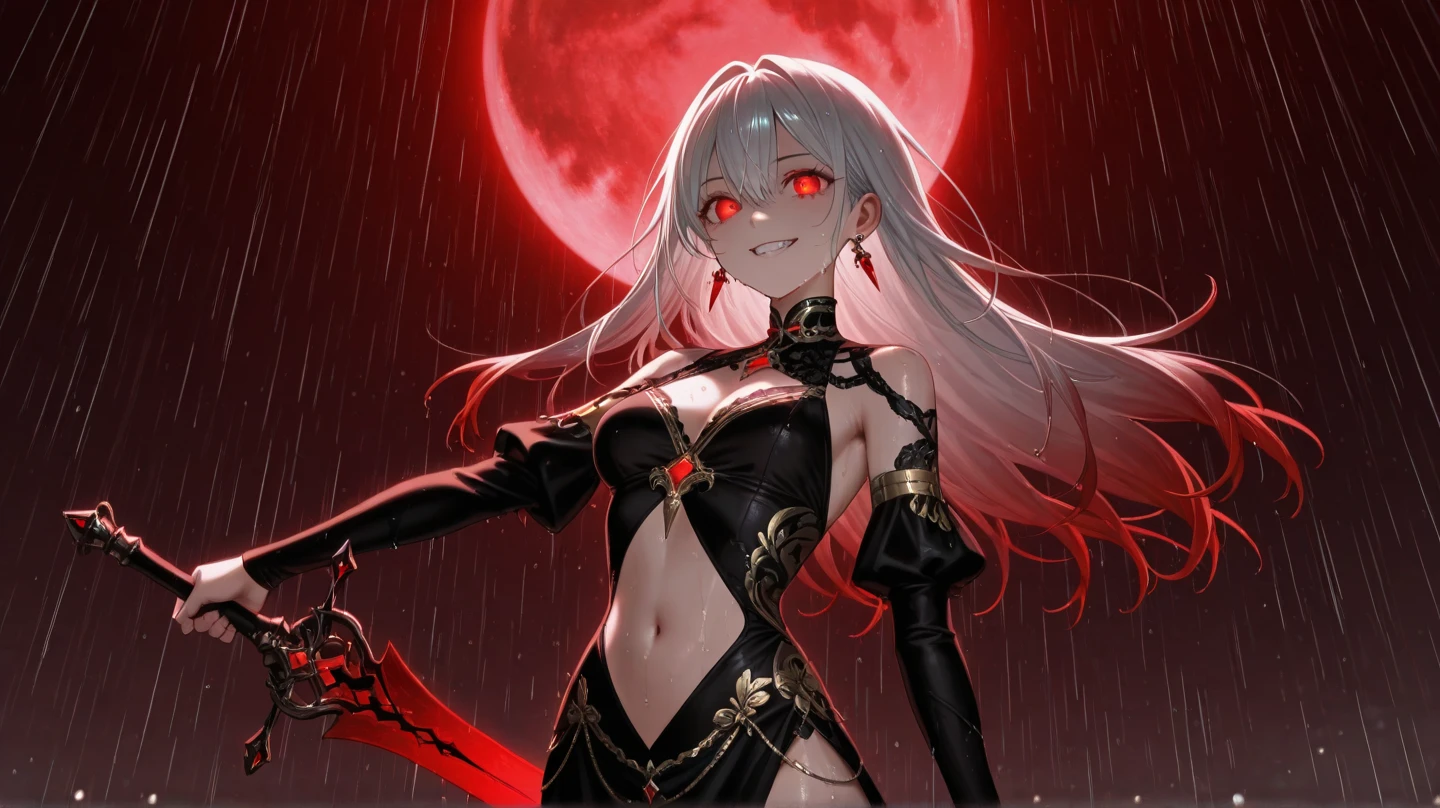 (ashenhard style:1.4), masterpiece, top-quality, hightquality,(Has a dark red glow and red eyes、Dark shapeless creatures surrounded by darkness:1.2), (In profile), (Dark:1.2), abstraction, abyssal, awardwinning photo, depth of fields, nffsw, ighly detailed, trending on artstationh, Trending in CGSighbour, Convoluted, high detailing,(masterpiece:1.2、top-quality)、(The best lighting、extremely delicate and beautiful)、(The best lighting、extremely delicate and beautiful)、(beautifull detailed face)、(Detailed eyes and detailed face:1.2)、((4 finger,Thumb、Detailed hands and fingers,High-resolution hands and fingers:1.2)),((Hands down,Do not bend your elbows:1.4)),(Random Hairstyles 1.5),Dark Fantasy, (younggirl, Little beast, 1girl in, 独奏, Crazy smile, pale skin,Pointed ears,19 piercings,((Tattoos all over the body,Tribal tattoos all over the legs)) white hair, eyes glowing red, Dynamic Angle, Vampires), (Chains in the background,Get a magic circle,Get demons to be summoned), (Devil from Magic Circle)Magic Thunder, tusk,Demon Horns,Blood on the face,Blood Rain,Blood fog,(depth of fields),highcontrast,(blood splashing:1.4),cowboy shot,full body Esbian,negligee,Birth,Magnificent stage