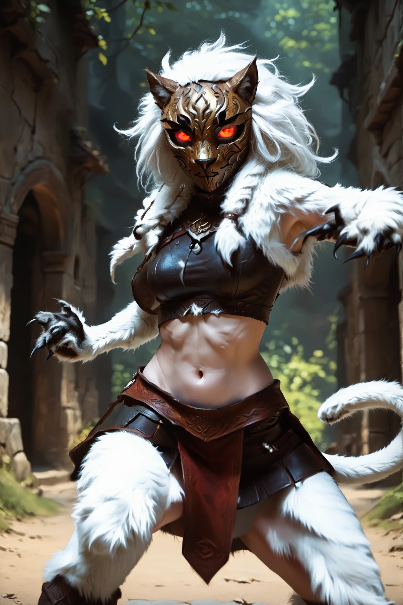 masterpiece, newest, absurdres, safe, slender, Grown-up Kindred-Lamb from LoL. Panther-girl. White fur body. Thick furry body. Black claws. Athletic with abs. Wooden mask. Red human eyes behind the mask. Background: medieval jungle ruins. Realistic lighting. DnD art-style. Looking at the viewer. Dynamic action pose, from the side. indiginous leather crop top, medieval mini-skirt, no humans, fake box art, semi-realistic