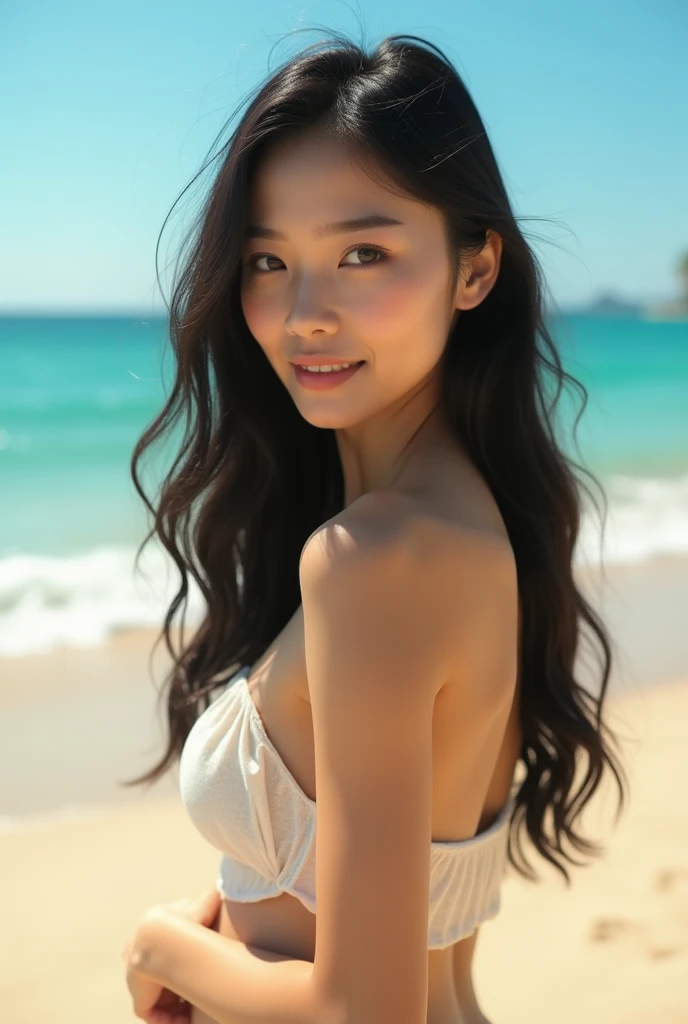 masterpiece, top quality, best quality, official art, beautiful and aesthetic:1.2), (asian girl, young, beautiful, smiling, sweet, wearing bikini and hat at beach), real photography