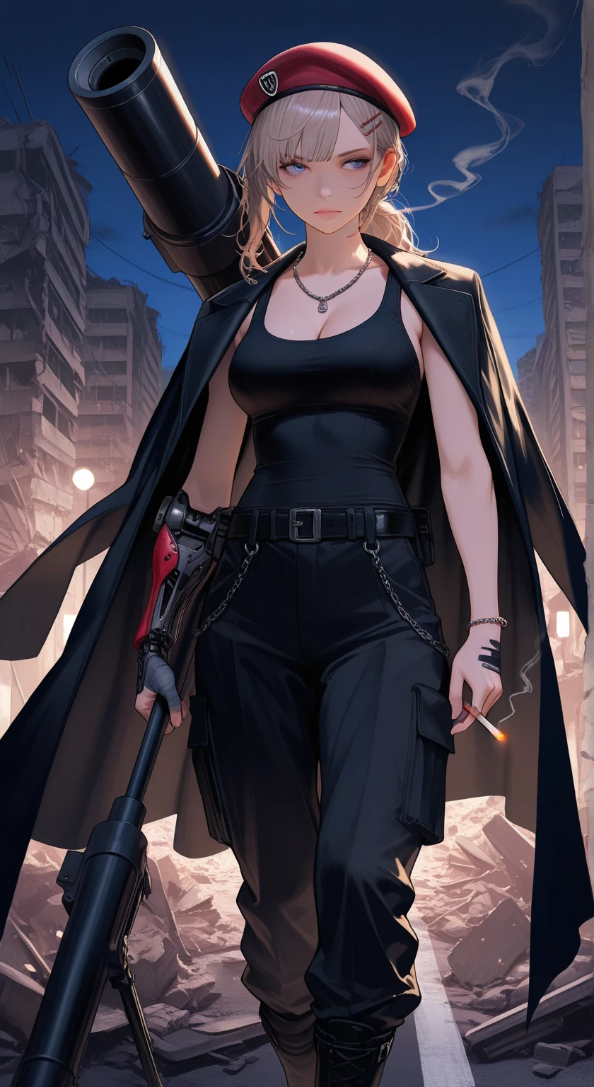 ((Highest quality)), ((masterpiece)), (be familiar with),Clementine,Overload,nsfw,Black and white t-shirt,No sleeve,Green Embroidery,White shoes,Fascinating,Black pants,Bewitching Smile,whole body