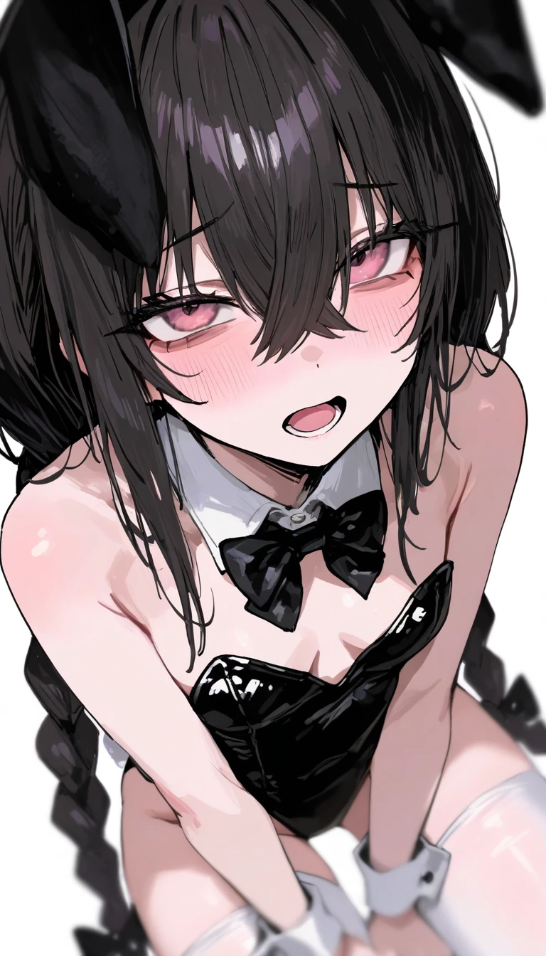 (high quality, 8k, 4K, high contrast, artwork:1.2, high quality, best aesthetics), (dynamic angle), ((1 woman)), erotic, sensual, mature body, super detailed, beautiful face detailed, beautiful eyes detailed, detailed beautiful mouth, sexy body, perfect breats, perfect wide thighs, (long black wavy hair), (black eyes), (serious expression), (penetrating gaze), (black lipstick), (black eyeliner), (black eyeshadow), (black sleeveless bodycon costume), (black sexy playboy bunny suit), (black bunny ears), (exposed thighs), (standing), (centered), (looking at the viewer), (inside a bedroom).