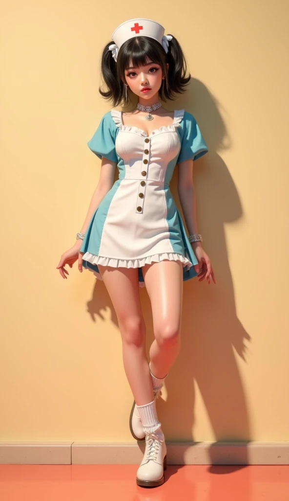 {highest quality}, {masterpiece, 超A high resolution}, (Photoreal:1.4), {{RAW photo}}, {{{A 16-year-old Lolita-like woman poses with her skirt pulled up and one leg raised.....:smile：(detailed eye:double：green)}}, , {{Alice Blue Dress, White socks and black shoes}}, (white background}
