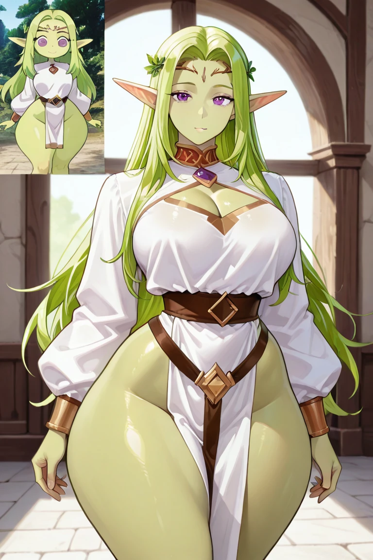 masterpiece, best quality, ultra-detailed, 1 girl, goblin girl, female goblin, goblin, 1girl, green skin, long pointy ears, green hair, long braided hair, black eyes, bangs, medium breasts, smile, belts armor, bow, curvy