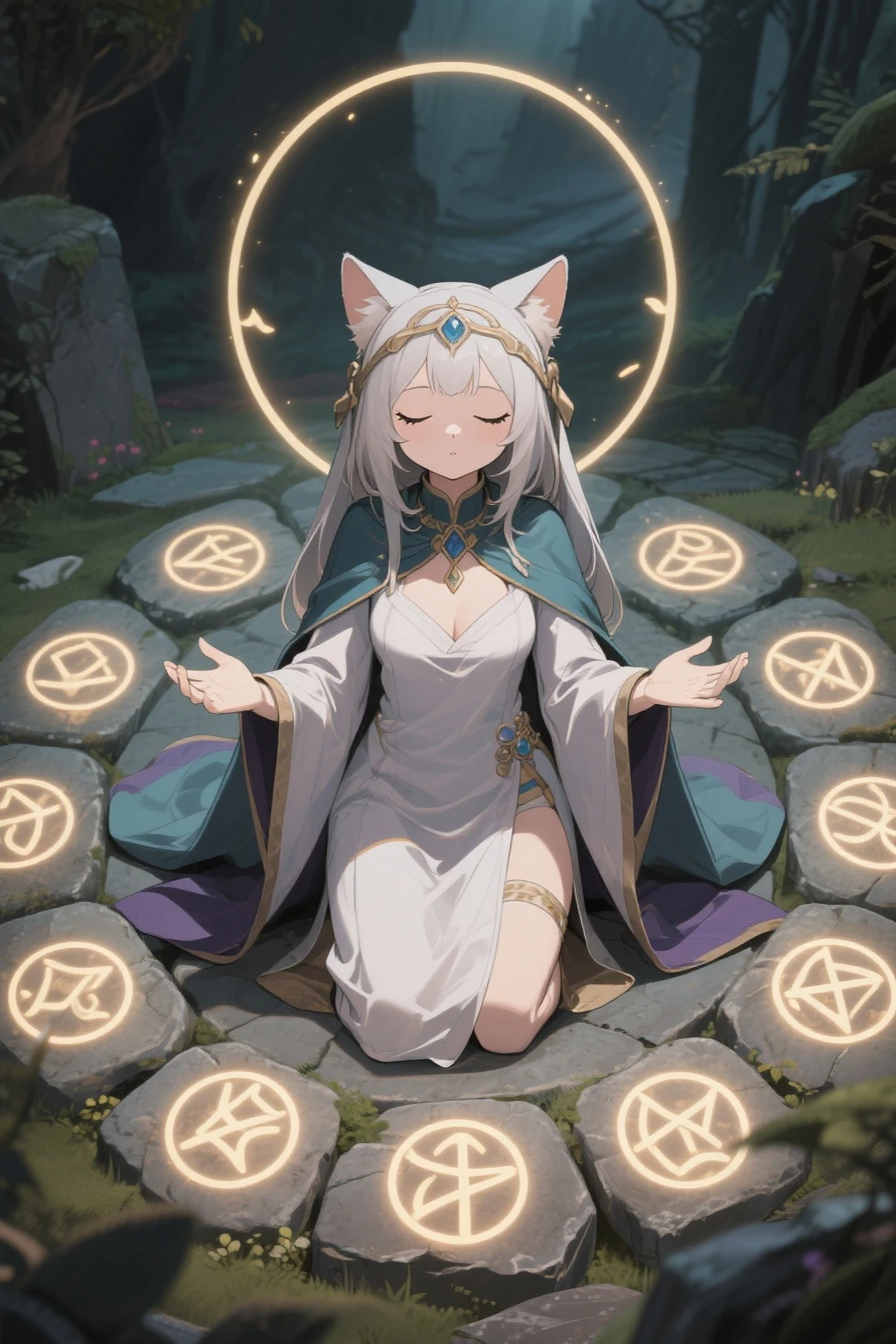a sexy milf, has very long white hair, breasts, showing cleavage, has fox ears, wearing sakura kimono, in a gypsy tent, reading a crystal ball and surrounded by tarot cards, surrounded by candles, mystical
