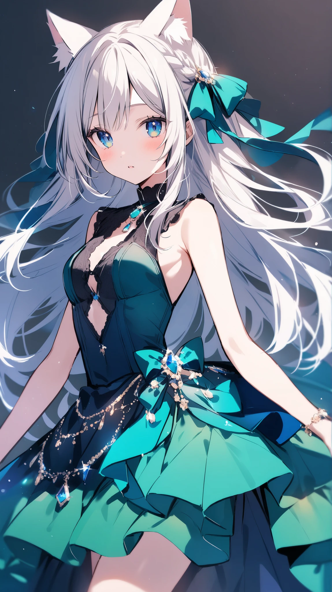 ((Best Quality, 8K, Best Masterpiece)) Anime characters with long gray hair and blue eyes, Anime visuals of young women, Today's featured anime stills, God of White Hair, official art, cute girl anime visuals, Popular isekai anime, Tsuaii, Marisa Kirigami, Anime movies, TV anime still, Isekai, Hestia, Albedo of Anime Overlord Transparency 16 years old Blue small ribbon in hair smile