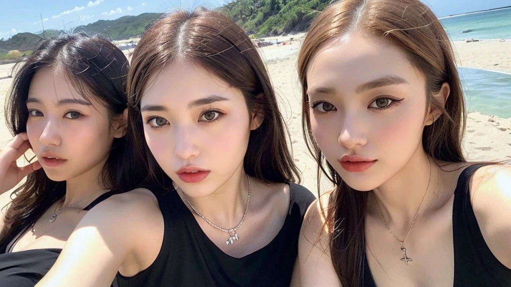 ((Photorealistic Lighting、Highest quality、8K、masterpiece:1.3))、Clear focus:1.2、Browsing Caution (New South Wales) (New South Wales) (New South Wales):1.2,(:1.2)、((Realistic)) , ((Real Light、Highest quality))、Model Body Type:1.4、(Dark brown hair、Proudly:1.2)、short hair、setting、Buckshot、(Age 25:1.3)、Highly detailed face、Detailed eyes、double eyelid、necklace、Wristband、Eyeliner、Colorful Bikinis、 (big), (Black Dress), (Seaside,Beach,Sandy Beach,drink alcohol)