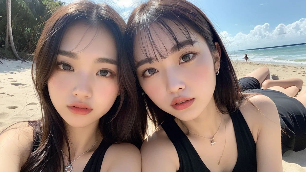 ((Photorealistic lighting, highest quality, 8k, masterpiece:1.3)), sharp focus:1.2, viewer discretion advised (New South Wales) (New South Wales) (New South Wales):1.2, ((realistic)), ((natural light, highest quality)), model-like figure:1.4, (dark brown hair, chest out:1.2), short hair, setting, backshot, (25 years old:1.3), highly detailed face, detailed eyes, double eyelids, necklace, wristband, eyeliner, colorful bikini, (large), (seaside, beach, sandy shore, drinking alcohol)
