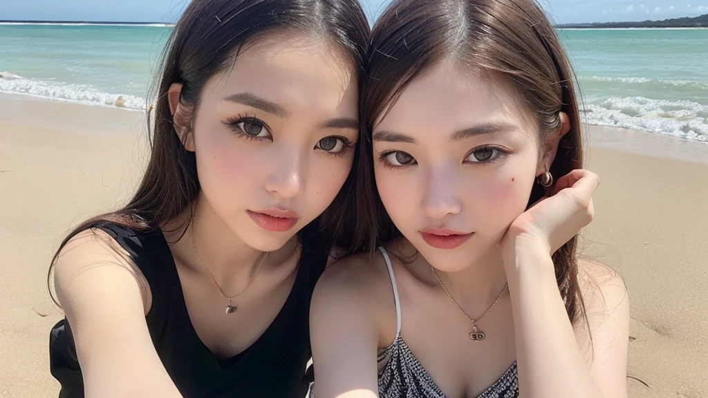 ((Photorealistic lighting, highest quality, 8k, masterpiece:1.3)), sharp focus:1.2, viewer discretion advised (New South Wales) (New South Wales) (New South Wales):1.2, ((realistic)), ((natural light, highest quality)), model-like figure:1.4, (dark brown hair, chest out:1.2), short hair, setting, backshot, (25 years old:1.3), highly detailed face, detailed eyes, double eyelids, necklace, wristband, eyeliner, colorful bikini, (large), (seaside, beach, sandy shore, drinking alcohol)