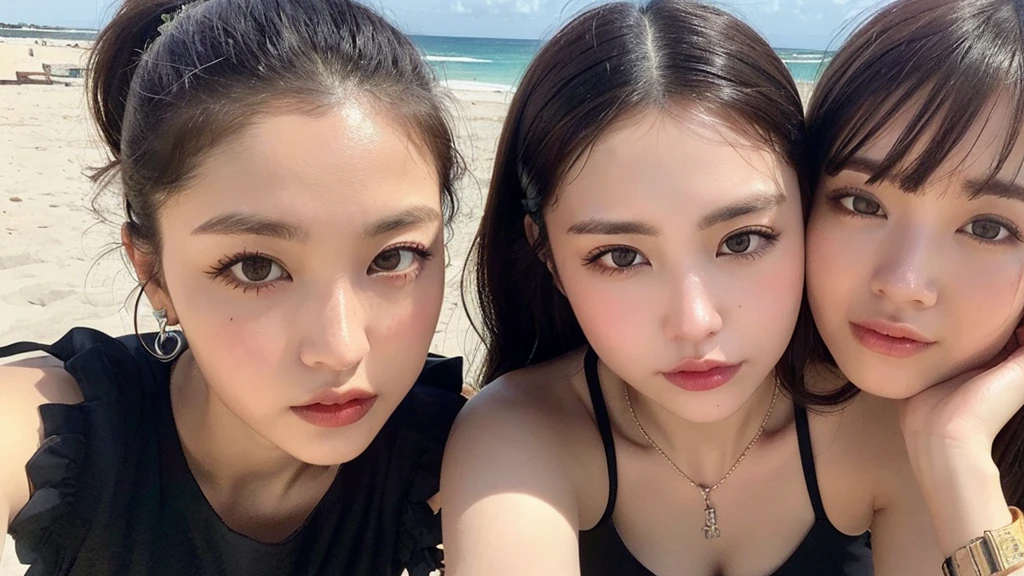 ((Photorealistic Lighting、Highest quality、8K、masterpiece:1.3))、Clear focus:1.2、Browsing Caution (New South Wales) (New South Wales) (New South Wales):1.2,(:1.2)、((Realistic)) , ((Real Light、Highest quality))、Model Body Type:1.4、(Dark brown hair、Proudly:1.2)、short hair、setting、Buckshot、(Age 25:1.3)、Highly detailed face、Detailed eyes、double eyelid、necklace、Wristband、Eyeliner、Colorful Bikinis、 (big), (Black Dress), (Seaside,Beach,Sandy Beach,drink alcohol)