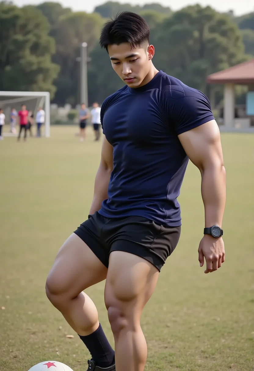 20-year-old boy ,Korean male officer ,...,handsome ,Wear a dark navy short-sleeved shirt............., Wearing only Dark navy thong, no pants, Black boots and dark navy gloves, backward, sit on the ground ,nude, perfect , male , 1boy, solo, male focus, standing back, backward to viewers, showing huge male butt, round muscular ass, His legs spread apart.............................., Police Logo ,tight breasts ,Muscle Man , ((The arm muscles are very large.................)) ,large , Wide shoulders ,open legs ,Hold the bulge firmly with both hands............................................. ,Large long bulge pointing upwards..................................... ,Sexually suggestive, (Dynamic Poses:1.1) , thights , (Embossed Focus:1.2),On your knees......................., ,It's raining ,Mud Pond , Best qualtiy , Wide lens ,deep depth of field ,Bokeh background