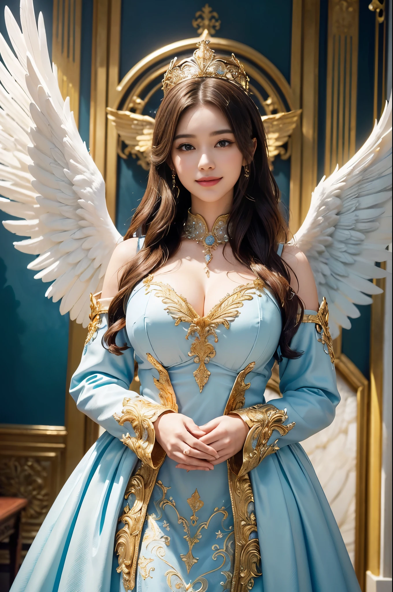 ((Very beautiful angel queen,The final form as a perfect angel, the masterpiece of an angel,Huge and intricate angel wings,The most dignified wings,Golden light,shining background,The most opulent and holy temple background,White and gold temple background,King of Angels, The most dignified angel, ((extremely detailed beautiful dresses)), (Intricate and solemn dresses, Light blue and gold embellishment dress on white, Light blue and gold dress on white base), (The most intricate and beautiful dresses, dresses decorated with some expensive jewels), ((extremely detailed gorgeous jeweled necklace)), Complex and majestic angel figure, The most intricately depicted figure of an angel, The World's Most Beautiful, Unimaginable beauties, (slim figure, attractive body shape, divine atmosphere), (smooth thin hair very fluttering in the wind, shiny hair), Intricate reproduction of the perfect angelic detail, The figure of an unimaginably gorgeous angel, The figure of an unimaginably huge angel)),((Most beautiful face, Half Japan and half Spanish, The biggest happy smile, The most luxurious and intricate dresses, The biggest smile looking at the camera)), Beautiful firm cleavage, beautiful clavicle, (Beautiful firm medium breasts), (Elegant standing figure, Fold your hands in front of your navel,)),Chest that seems to burst, Giant wings of angels, The background is the appearance of a perfect angel castle,Masterpiece,8K,very intricate, ultra detailliart, captivating and visually stunning piece of fractal art featuring, created by a renowned artist, vibrant colors. Formal artistic quality with strong aesthetic appeal.