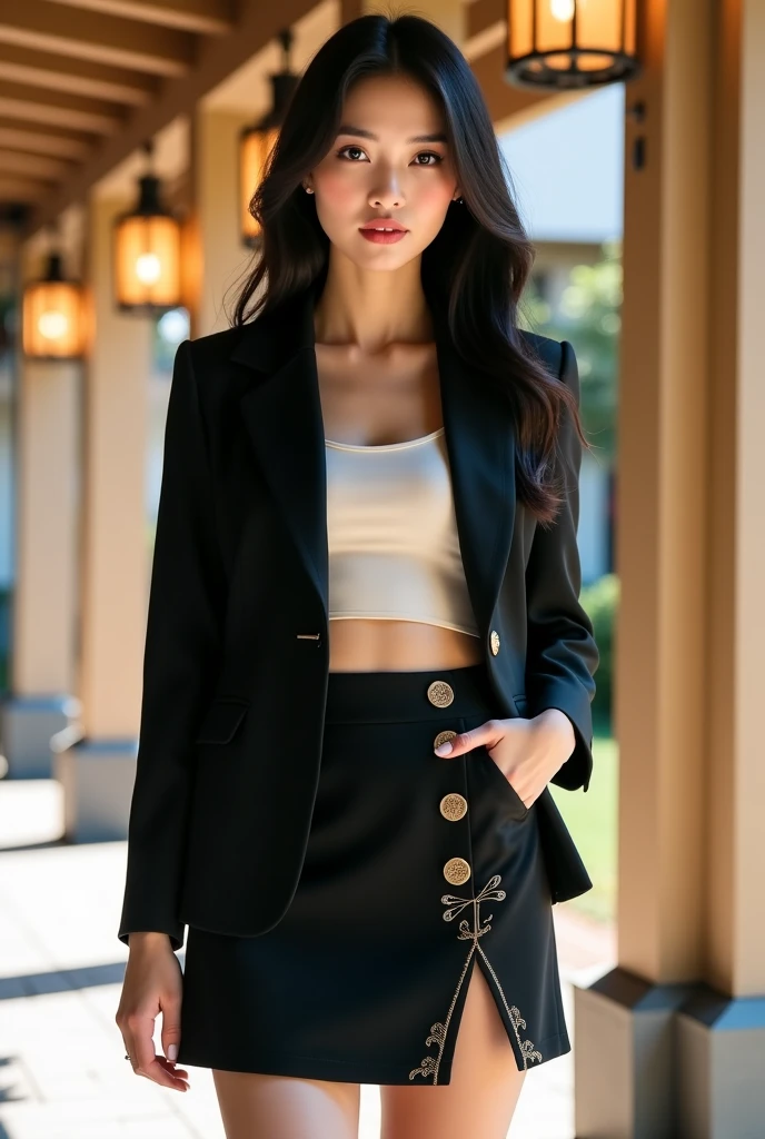 Image of a nineteen-year-old teenage girl in the alternate universe of kimetsu no yaiba. With features of medium tailoring, elbow-length brown hair faded to blonde whores with heterochromatic eyes and a horizontally straight scar on his nose. With the uniform of the demon hunter organization, skirt above the knees long-sleeved bag and organizational uniform vest