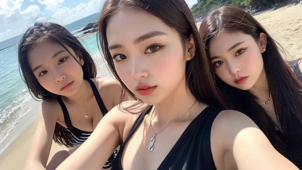 ((Photorealistic lighting, highest quality, 8k, masterpiece:1.3)), sharp focus:1.2, viewer discretion advised (New South Wales) (New South Wales) (New South Wales):1.2, ((realistic)), ((natural light, highest quality)), model-like figure:1.4, (dark brown hair, chest out:1.2), short hair, setting, backshot, (25 years old:1.3), highly detailed face, detailed eyes, double eyelids, necklace, wristband, eyeliner, colorful bikini, (large), (seaside, beach, sandy shore, drinking alcohol)