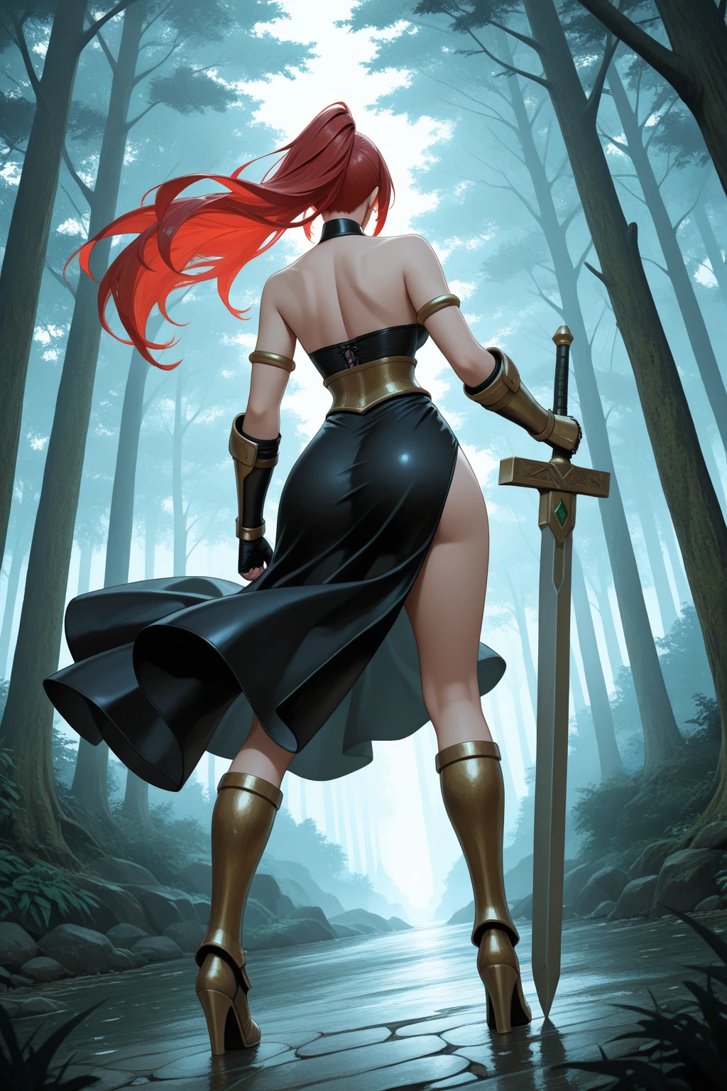 score_9, score_8_up, score_7_up, (An Anthro furry wolf girl, golden blonde furry body, red hair, snout, black nose, MaleniaDef, helmet, covered eyes, covered eyes, single mechanical arm, prosthesis), naked, nipples, full body shot, majestically sitting on a tree trunk, in a cave with overgrown trees and vines, bare legs, cowboy shot, upper body shot
