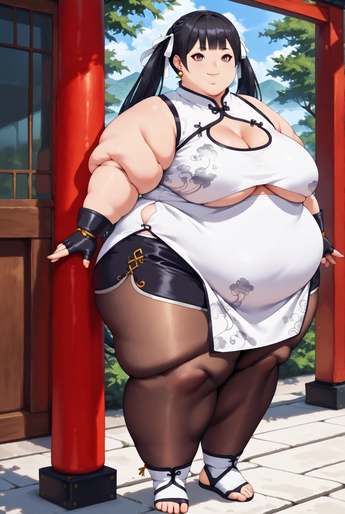(masterpiece), best quality, female warrior, huge girl, female muscular:1.2, big breast, ((curvy:1.7)), (((blank background))), ((full body)), fingerless gloves, sandals, sleeveless, covered nipples, (underboobs:1.3), parted bangs, straight hair, black hair