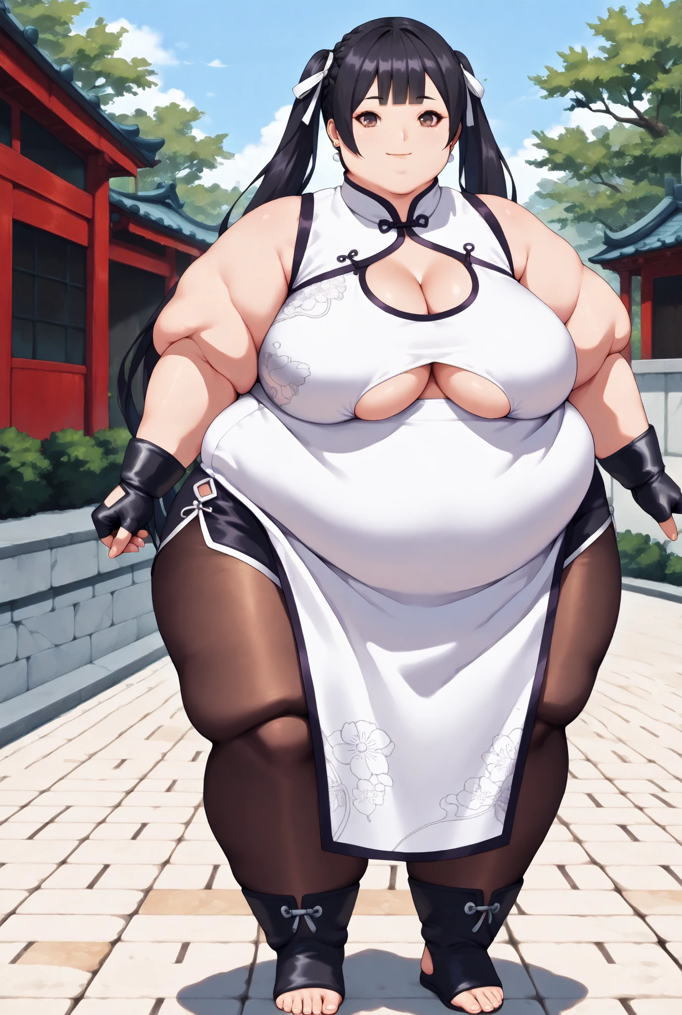 mujer madura, akeno, cabello corto, cabello negro, orange ribbon in hair, bunny suit, pechos gigantes,( pezones marcados en el bunny suit), labios, Cara traviesa, ruborizada ,ciudad medieval, Nube, maternal, panza de embarazo, cansada, sudorosa, grueso, standing, piernas abiertas, arms up ( wet). En un cuarto