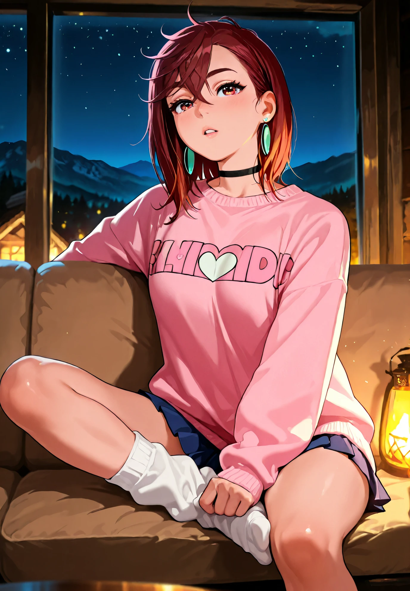 1girl, solo, Dandadan, Ayase Momo, Dandadan , sweater,short skirt, oversized socks, sitting on a sofa,sexy pose,alluring atmosphere,mountain cabin,night time,cinematic lighting,masterpiece,top quality,warm color,high resolution,high fashion,absurdres extremely,vivid colors,intricate details,best quality,amazing quality,very aesthetic,newest,ultra-detailed,nsfw,
