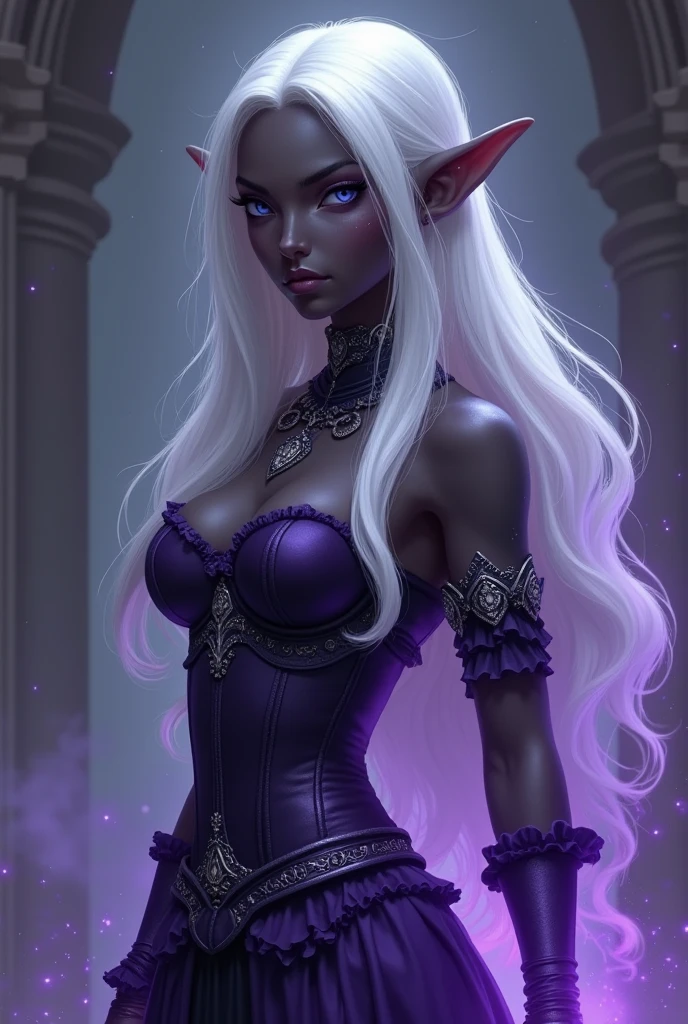 (rear view, backside view),A beautiful drow girl, detailed face, large breasts, black skin, detailed white hair, wearing short purple skirt, purple eyes, highly detailed, 8k, photorealistic, masterpiece, cinematic lighting, fantasy art, hands on hips, upskirt view.high quality, (RAW photo, best quality), (realistic, photorealistic: 1.4), (extremely delicate and beautiful: 1.4), amazing, fine details, masterpiece, ultra detailed, high resolution, best illustration, best shadow, intricate, ( extremely intricate: 1.2), (exquisitely detailed skin), cinematic light, perfect anatomy, (cool color: 1.4), sharp focus, 8k UHD, DSLR, (Fujifilm XT3),