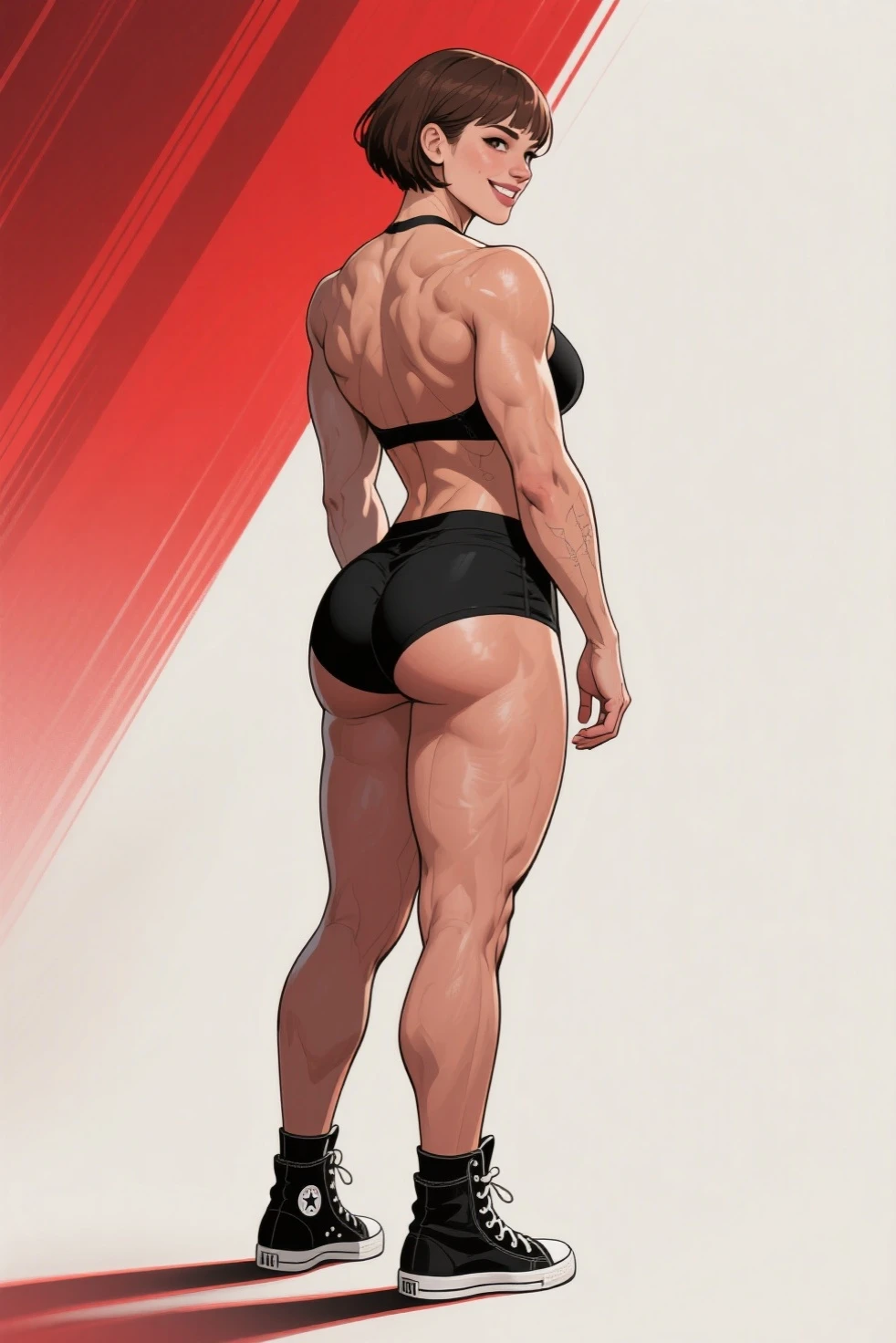 a drawing of a woman in a black sport shorts, muscular abs girl, female arms character, sci-fi, feminine and muscular, makoto, white, fubuki, (thin waist), ((curvy)), ((wide hips)), big long curly black hair, sexy, muscular thighs, full body