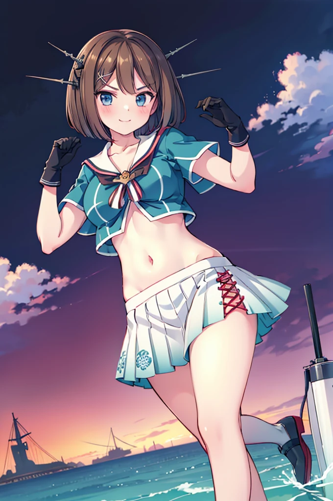 1young_teen_ girl, , brown_hair, medium_bob_hair, blue_midriff_baring_sailor_uniform, mini_skirt, short_sleeve, thighs, gigantic_breasts, (angry:0.6), smile,nihil,standing, harbor_landscape_background, slightly_spread_Legs, happiness, short_gloves, wet,,covered_nipples, covered_crotch,happy,grin