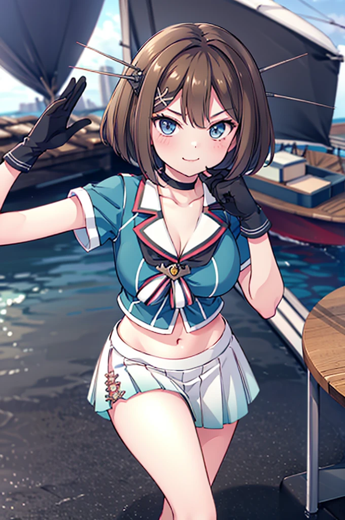 ((masterpiece)),(best quality),official art,extremely detailed CG,unity 8k wallpaper,ultra detailed,A lighthouse on a cliff by the sea,1girl,solo,cowboy shot,brown_hair,black_gloves,short_hair,large_breasts,blue_eyes,hair_ornament,pleated_skirt,headgear,beret,midriff,sleeveless,hairclip,navel,white_skirt,smile,aqua shirt,mini_hat,x_hair_ornament,red_ribbon,cleavage,serafuku,school_uniform,black_socks,hat_ribbon,kneehighs,rudder_footwear,<lora:Maya(kan)>,