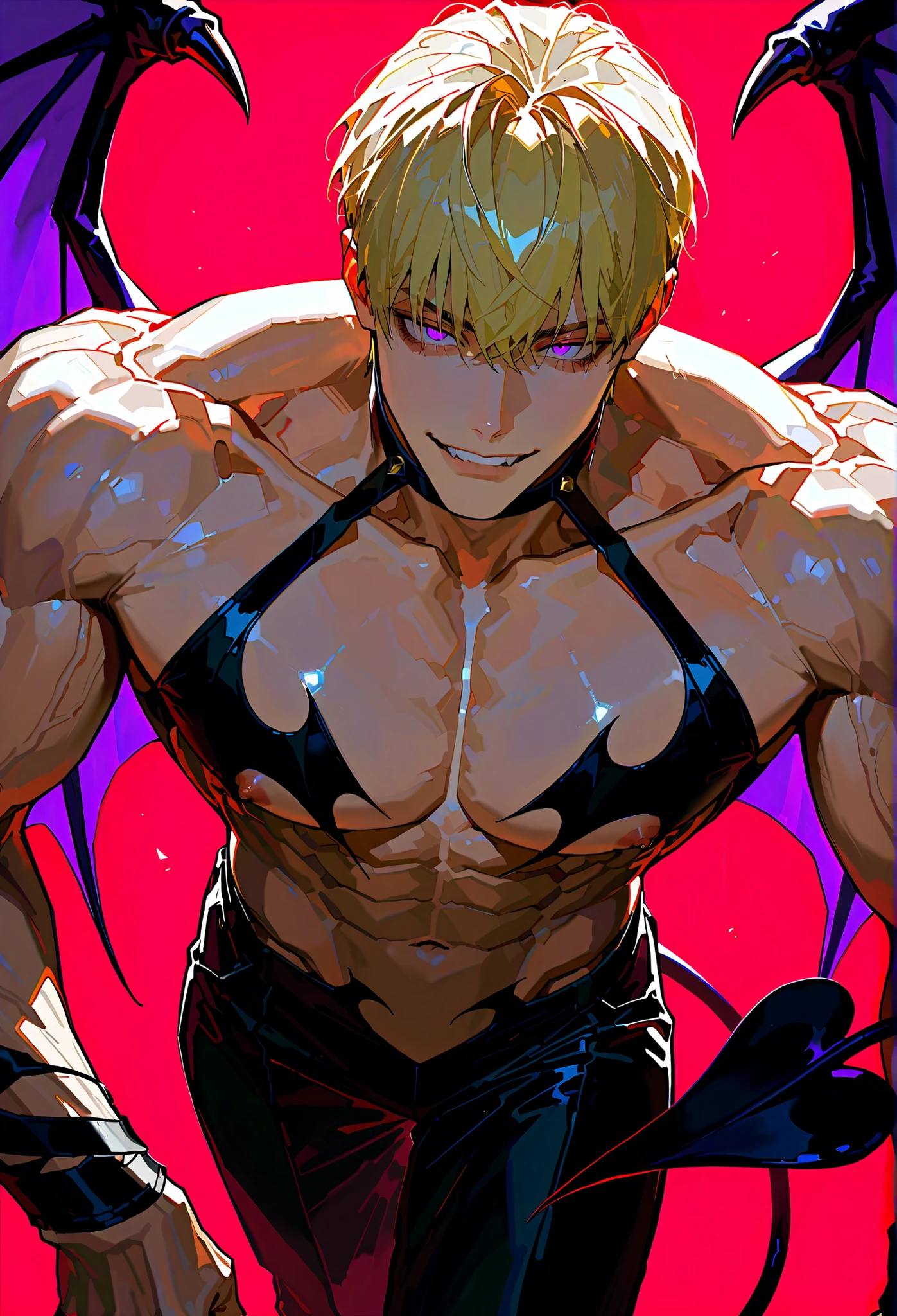 Huge muscles,Devilish wings,Devilish horns,Clear liquid dripping from penis,black costume,Huge erect penis,Ready your weapon,Having sex with an evil aura
