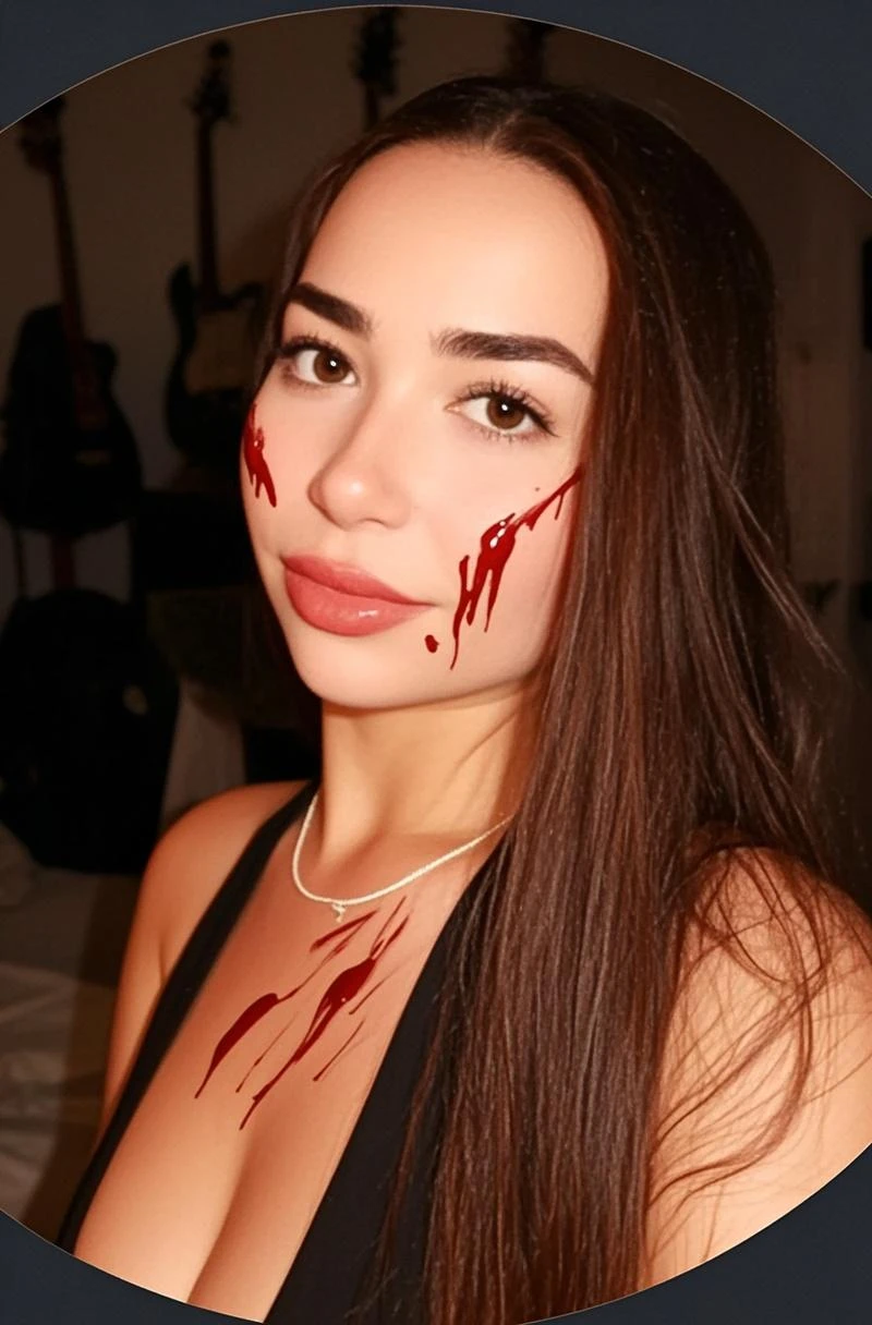 masterpiece, best quality, looking at viewer, facing viewer, bare legs, 1boy, solo, upper body, bow, serafuku, disgusted face, night time, heavy rain, outdoors, city, crop top, navel, wet clothes, drenched, overly long sleeves, hands in sleeves, blood tears, blood marks, dark alleyway, blood splattered on the ground, red bright light, glowing eyes, depth of field,holding a knife,red sky, atmofer,perfect hands