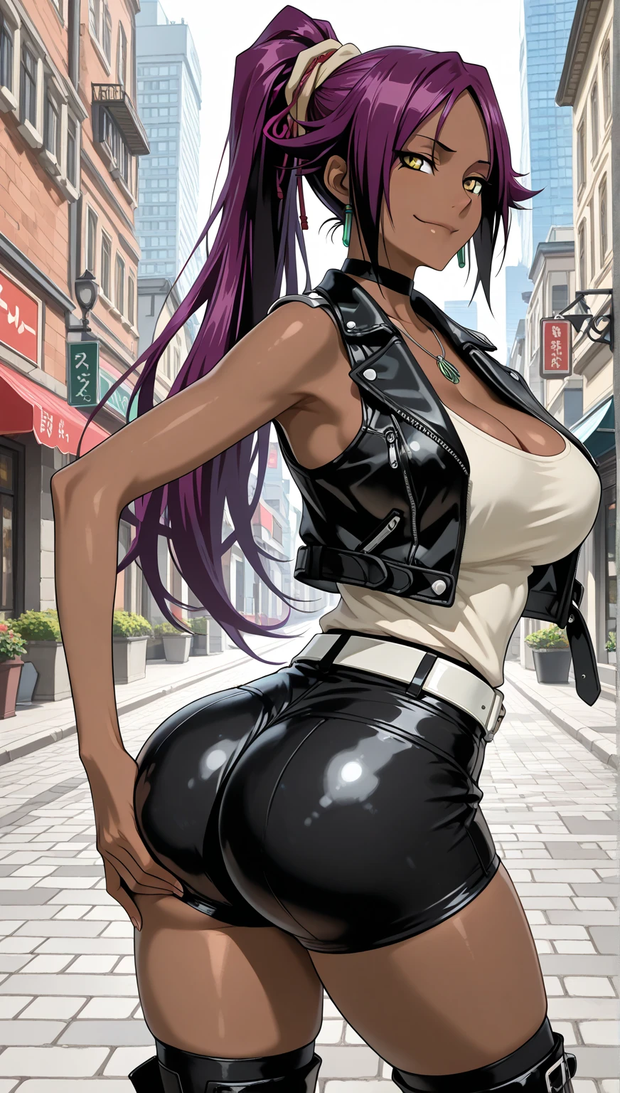 Masterpiece, best quality, high resolution, 1 woman, Karin , black skin , long black hair , black tank top , bikini , abdomen , big breasts, Long legs , Barefoot , stand on your hips , roadside , city