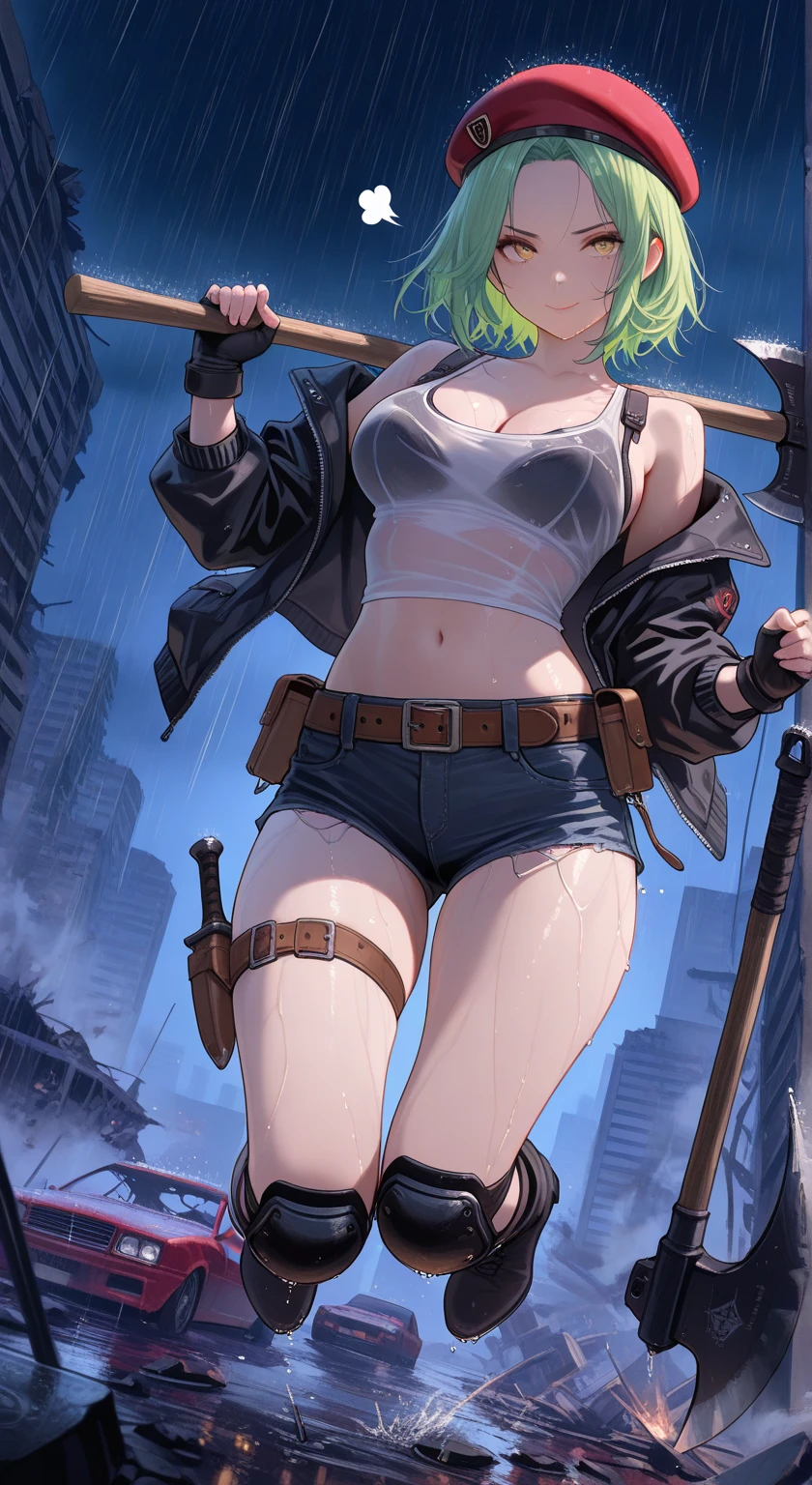 girl,big breasts,Bikini Tops,hot pants,gloves,smile,boots,Knee-high socks,full body Shot,hand pistol,