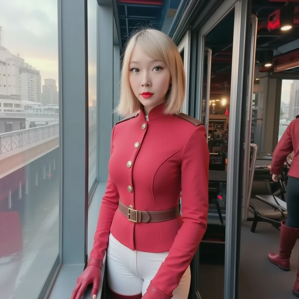 (masterpiece:1.2, Best Quality:1.2), 32K HDR, High resolution, (Solo, 1girl in), Super realistic portraits of sexy Japanese flight attendant, Ultra-realistic Air Asia stewardess uniform, 23 y-o woman, (blonde hair, Bob Shorthair, slant eyes), (red jacket with zipper removed:1.1, Unbuttoned white shirt:1.05, erotic pantyhose:1.1, Mask:1.15, Perfect slim body:1.1, huge tits:1.35, huge boobs:1.35, huge breasts:1.35, huge cleavage:1.35), Detailed skin texture, Detailed face, Detailed eyes, (Leaning forward posture, toilet, in abandoned house:1.1),