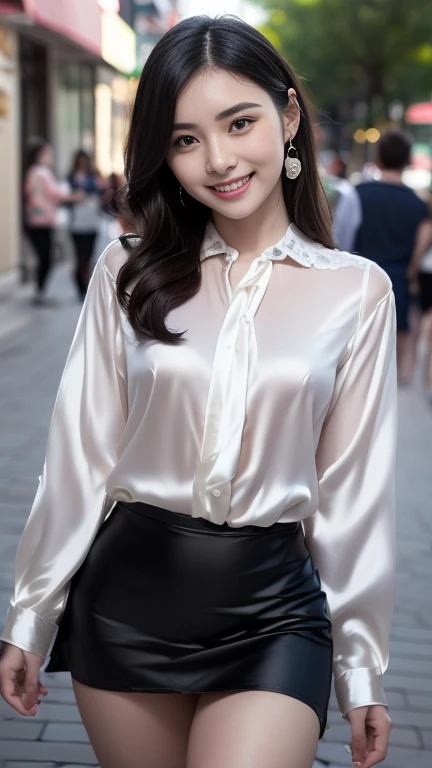 ((best quality, 8K, masterpiece: 1.3)),upper body,Black Hair, black eye,sharp focus: 1.2, beautiful woman with a perfect body: 1.4, ((ponytail, large: 1.2)), (small and beautiful hard (White long sleeve blouse with lace、Silk Tight darkmagenta long skirt), (wet from rain: 1.2), (rain, street: 1.2), wet body: 1.1, Highly detailed face and skin texture, detailed eyes, double eyelids, White skin,,E cup,smile,Financial district of the big city,Skyscraper,White skin,Wet Hair、Wet Skin、Wet clothes、smile、 